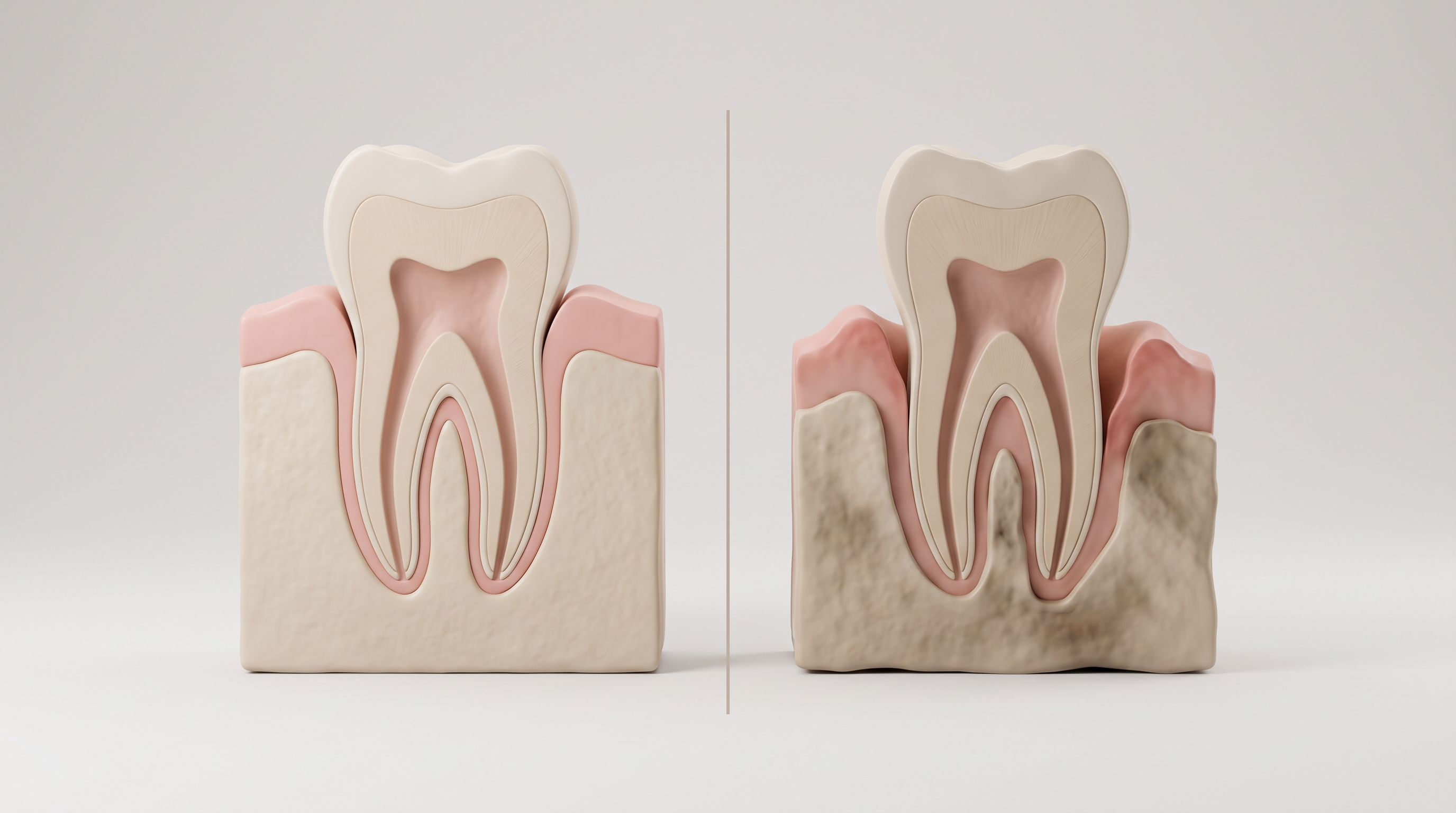 건강한 잇몸과 치주낭이 깊어진 잇몸의 단면을 비교한 3D 일러스트. 왼쪽은 잇몸이 치아 뿌리에 밀착하고 뼈가 온전한 상태, 오른쪽은 잇몸이 아래로 내려가 치주낭이 깊어지고 뼈가 낮아진 상태를 도식으로 표현.